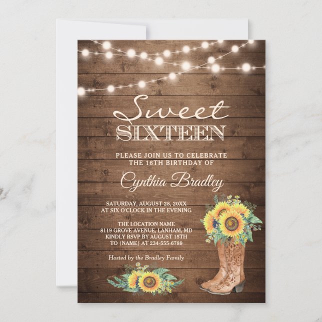 Invitation Bottes de tournesol rustiques Sweet sixteen de fil (Devant)