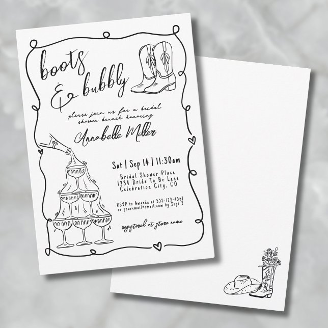 Invitation Bottes Dessinées à la Main et Réception de Mariage (Hand Drawn Boots And Bubbly Bridal Shower Invitation)