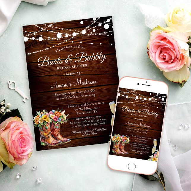 Invitation Bottes en bois rustique et douche de mariée occide (Créateur téléchargé)