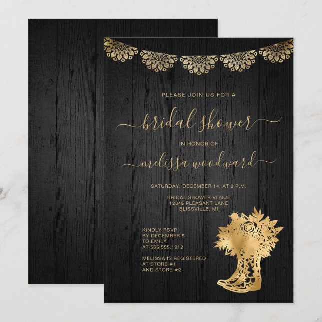 Invitation Bottes en bois rustiques Mariage Lace Noir Or (Devant / Derrière)