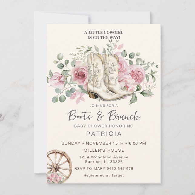 Invitation Bottes et Baby shower Brunch Pink Cowgirl (Devant)