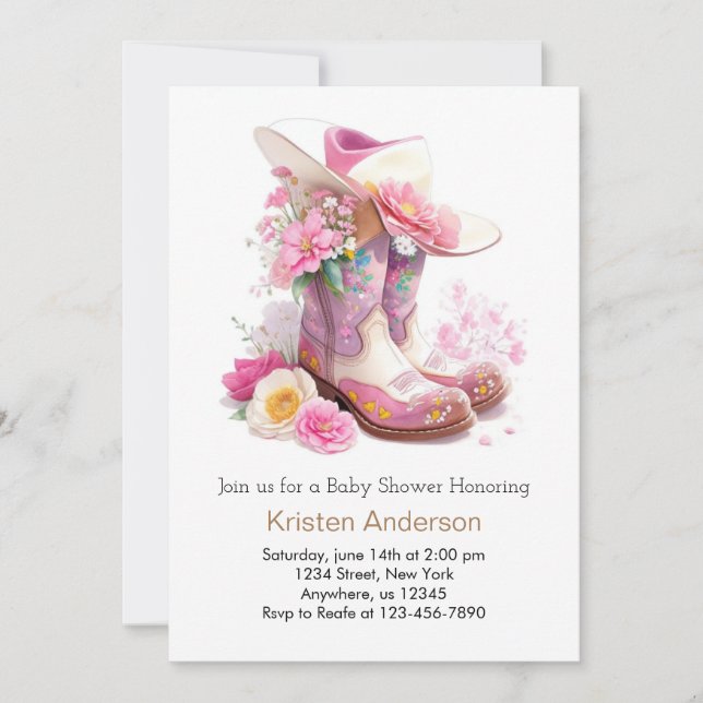 Invitation Bottes et Baby shower Casquette Western Cowgirl (Devant)