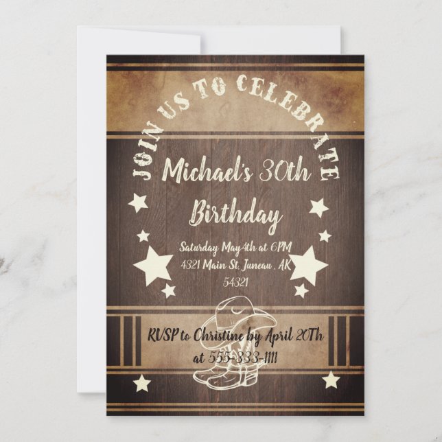 Invitation Bottes et chapeau de cowboy avec étoiles invitatio (Devant)