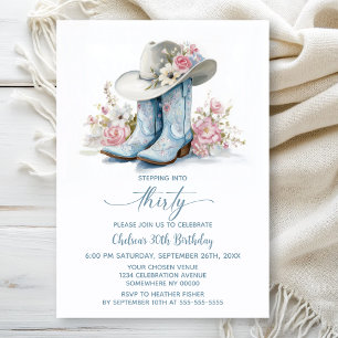 Invitation Bottes et chapeau de cowgirl bleus pour une fête d