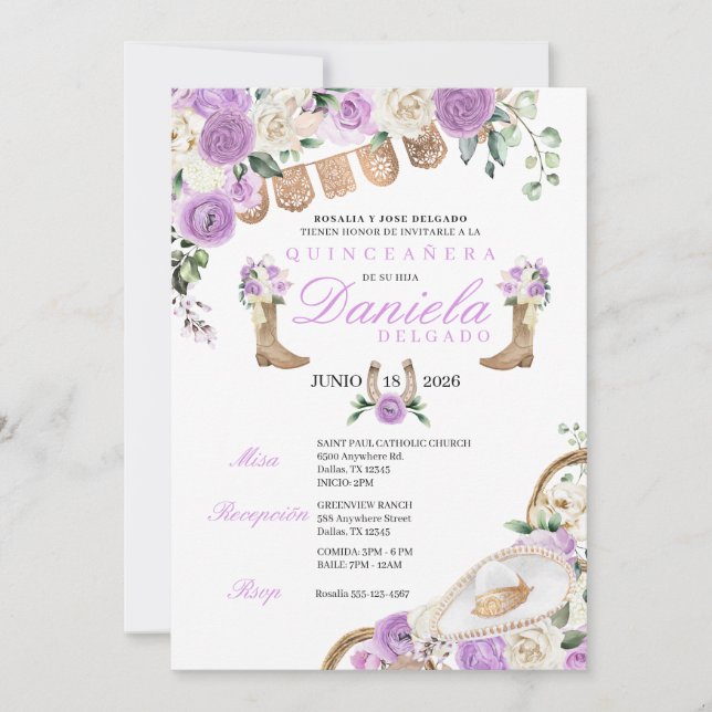 Invitation Bottes et cordes pourpres Mariachi Quinceañera (Devant)