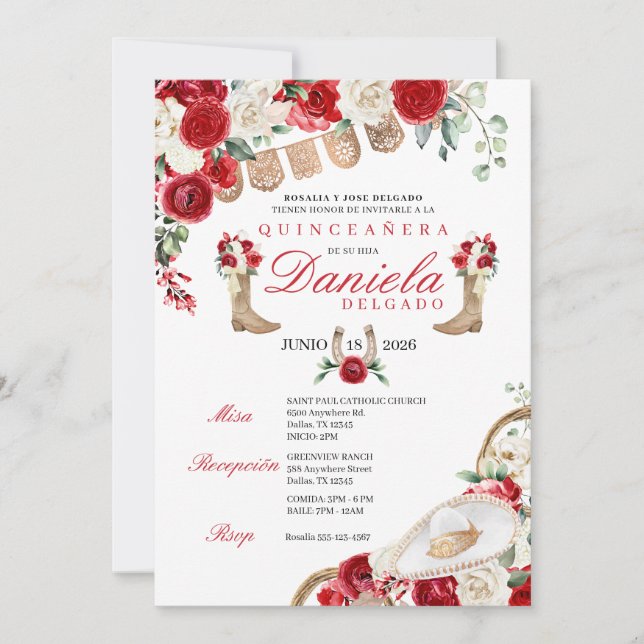 Invitation Bottes et cordes roux Mariachi Quinceañera (Devant)