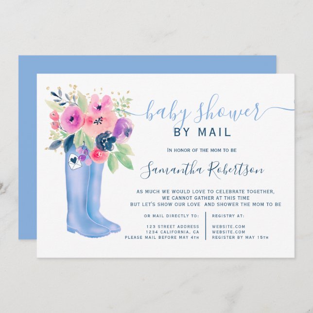 Invitation bottes florales aquarelle garçon baby shower par l (Devant / Derrière)