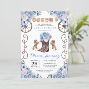 Invitation Bottes florales de Charra Ouest bleu Quinceañera