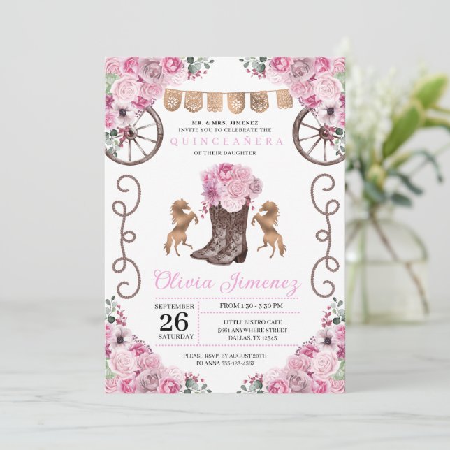 Invitation Bottes florales de Charra Ouest rose Quinceañera (Debout devant)