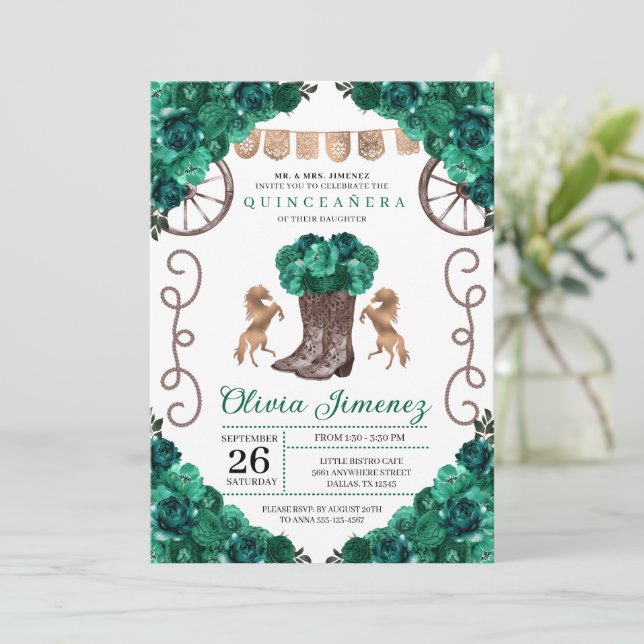 Invitation Bottes florales de Charra Ouest Vert Quinceañera (Debout devant)