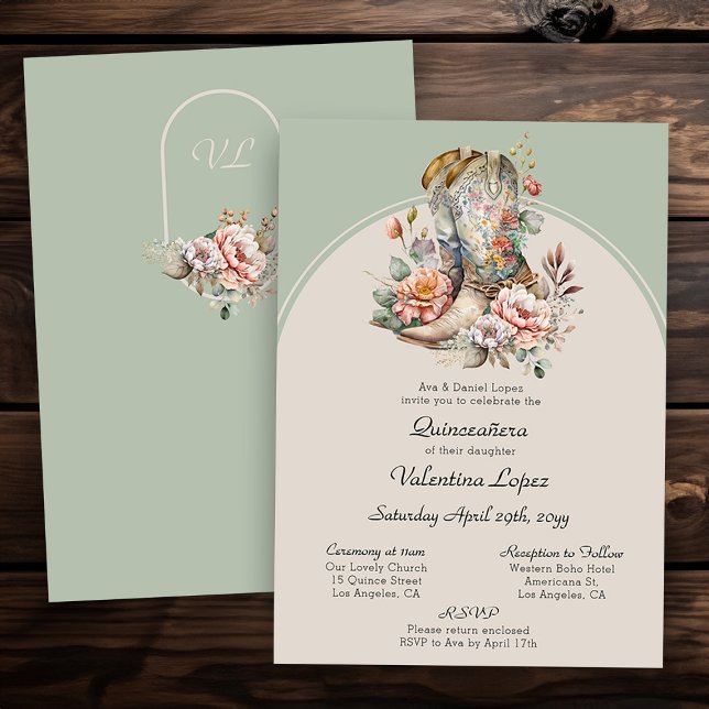 Invitation Bottes florales occidentales Boho rustique Quincea (Mass and Reception quince invitation from my Boho Floral Cowgirl Boots Quinceanera Collection)