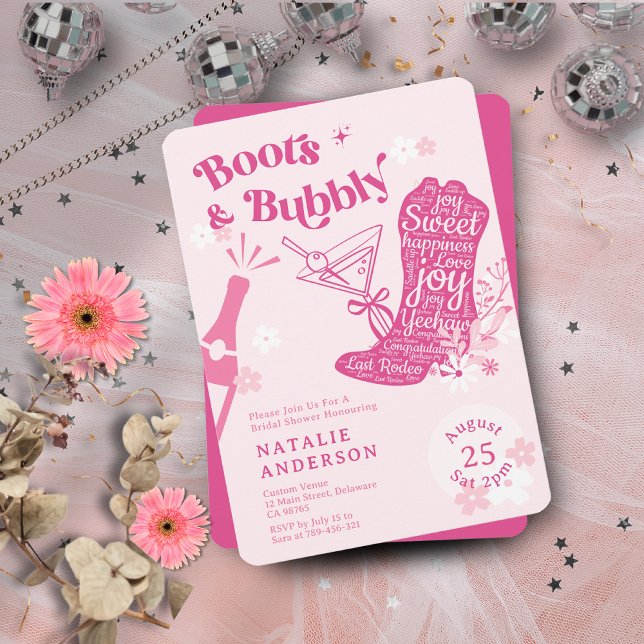 Invitation Bottes florales roses et Fête des mariées mousseus (Girly Pink Floral Boots & Bubbly Bridal Shower Invitation)