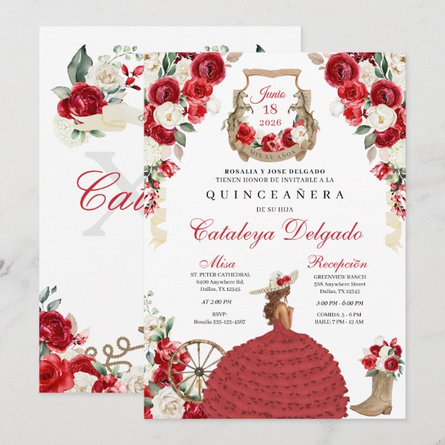 Invitation Bottes florales rouges Ouest Mariachi Quinceañera (Devant / Derrière)