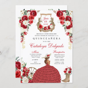 Invitation Bottes florales rouges Ouest Mariachi Quinceañera