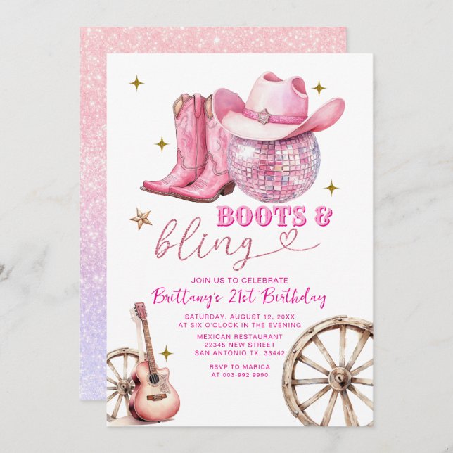 Invitation Bottes Glittter en or rose et Bling 21e anniversai (Devant / Derrière)