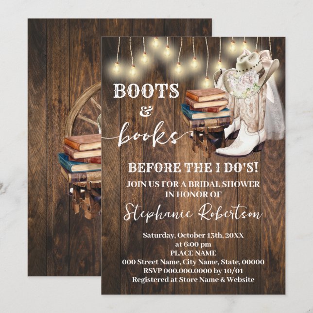 Invitation Bottes occidentales et livres avant la douche de m (Devant / Derrière)