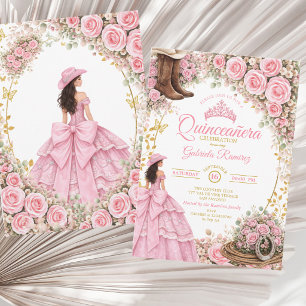 Invitation Bottes occidentales Roses roses Quinceañera dorée