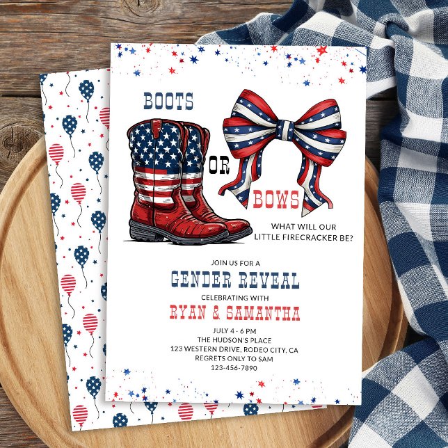 Invitation Bottes ou vaches Western Red Blanc Bleu Sexe Révél (Western Cowboy Boots or Bows Red White and Blue Gender Reveal Invitation)