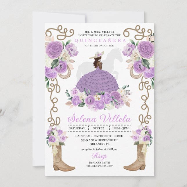 Invitation Bottes pourpres et Ranchero Quinceañera (Devant)