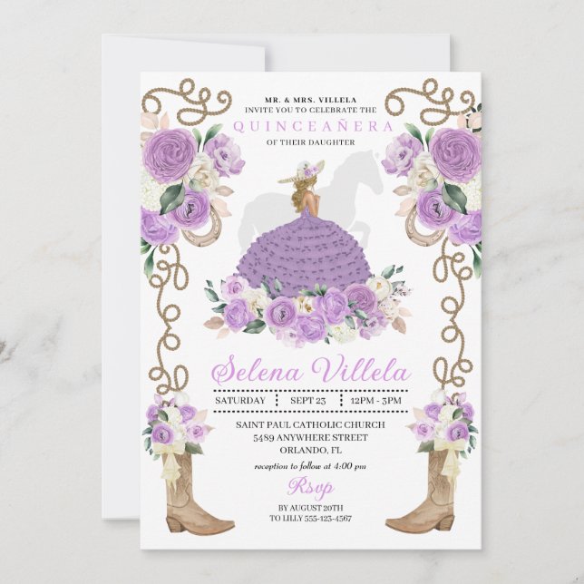 Invitation Bottes pourpres Roses Western Quinceañera (Devant)