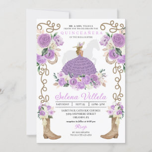 Invitation Bottes pourpres Roses Western Quinceañera