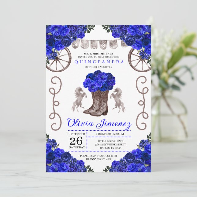 Invitation Bottes Quinceanera en Argent Bleu Charra Ranchero (Debout devant)