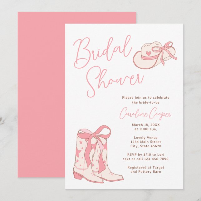 Invitation Bottes rodéo rose occidentale avec Fête des mariée (Devant / Derrière)