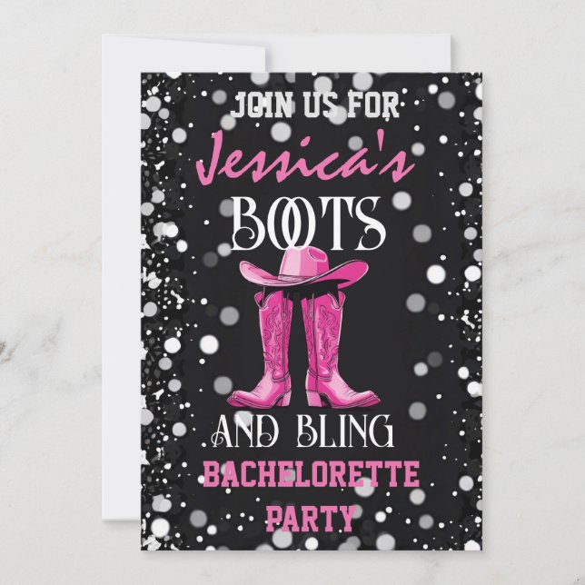 Invitation Bottes roses et Bling Bachelorette (Devant)