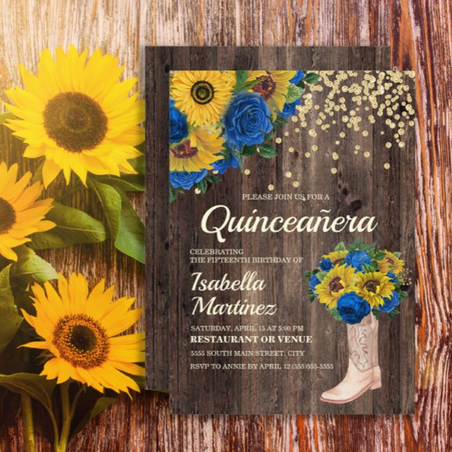 Invitation Bottes Roses Russe bleu tournesol Quinceañera (Sunflowers, blue roses, and cowgirl boots on rustic wood Quinceanera invitation)