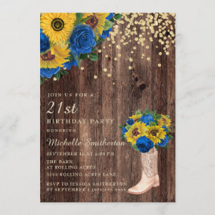 Invitation Bottes Roses russes bleu tournesol 21e anniversair