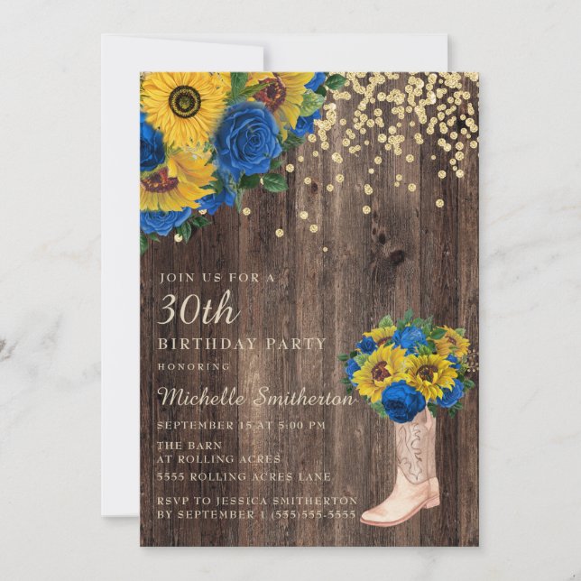 Invitation Bottes Roses russes bleu tournesol 30e anniversair (Devant)