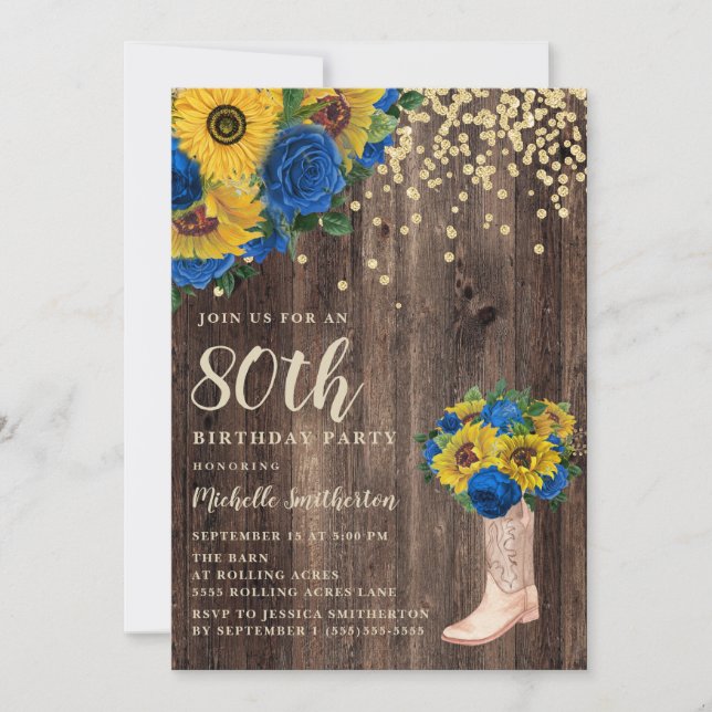 Invitation Bottes Roses russes bleu tournesol 80e anniversair (Devant)