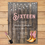Invitation Bottes roses rustiques Cowgirl Sweet 16 anniversai<br><div class="desc">Saddle-up pour une fête d’amorce ! Cette invitation rustique de l'Ouest Sweet sixteen comprend un charmant arrière - plan patiné en bois d'écorce, des lampes à cordes brillantes et une élégante paire de bottes de cowgirl roses et bronzées. Parfait pour la fille d'anniversaire qui aime la campagne, ce design ouvre...</div>