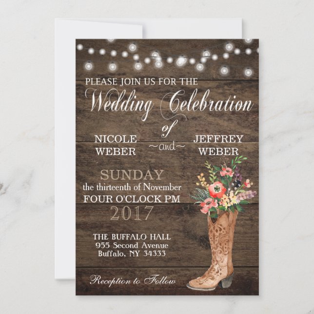 Invitation Bottes Rustic Barne Mariage Wood Cowboy (Devant)