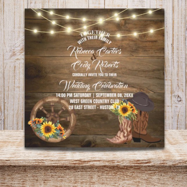 Invitation Bottes rustiques Cowboy Sunflower Western Mariage (Rustic Cowboy Boots Sunflower Western Wedding Invitation)