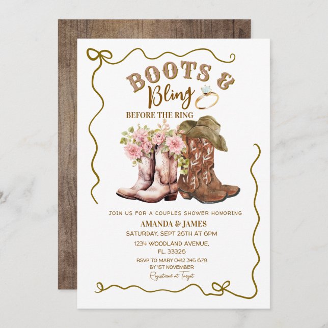 Invitation Bottes rustiques et paillettes pour une fête préna (Devant / Derrière)