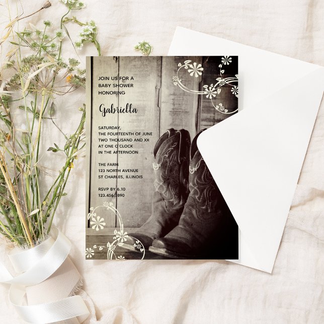 Invitation Bottes rustiques Fleurs Pays Baby shower Ouest (Créateur téléchargé)