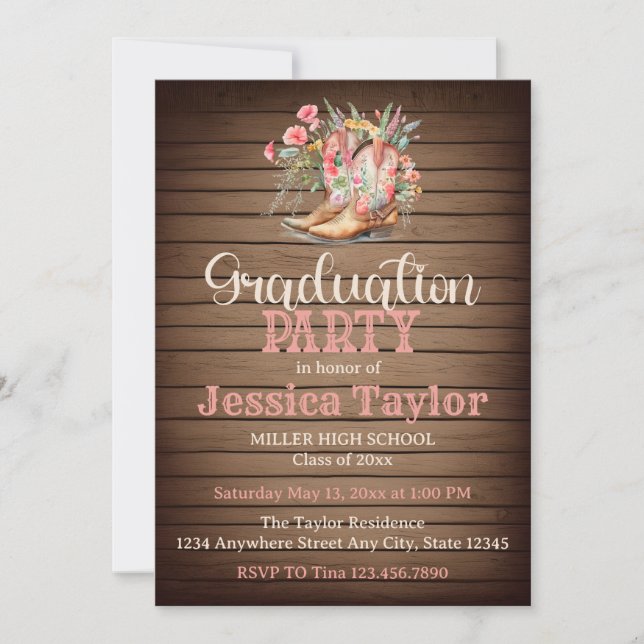 Invitation Bottes rustiques Floral Rose Cowgirl Graduation Pa (Devant)