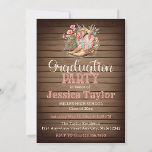 Invitation Bottes rustiques Floral Rose Cowgirl Graduation Pa