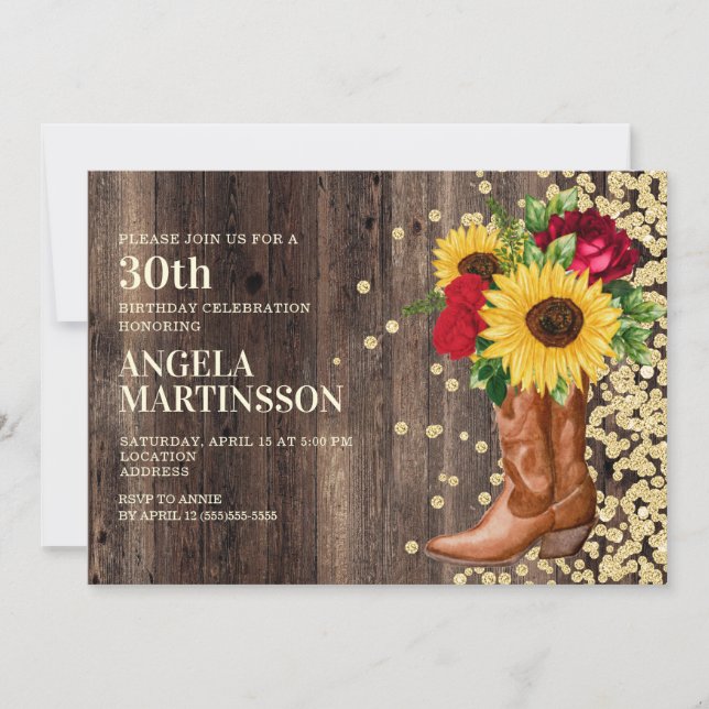 Invitation Bottes rustiques pour 30e anniversaire Tournesols  (Devant)