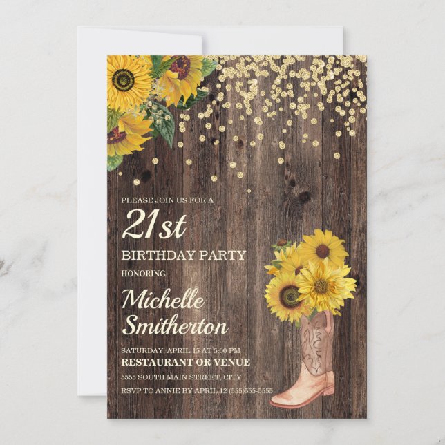 Invitation Bottes Rustiques Tournesol Paillettes 21e Annivers (Devant)