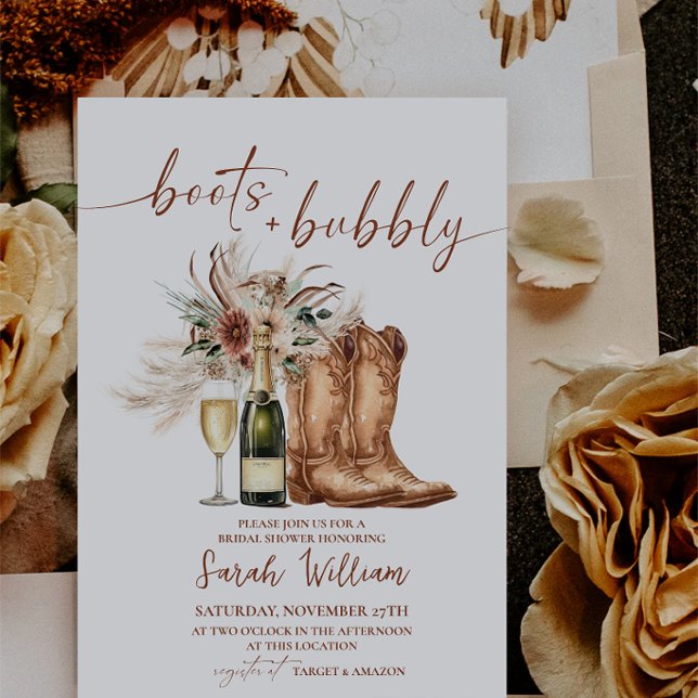 Invitation Bottes rustiques western et fête de mariage pétill (Boho Rustic Western Boots and Bubbly Bridal Shower Invitation Card)