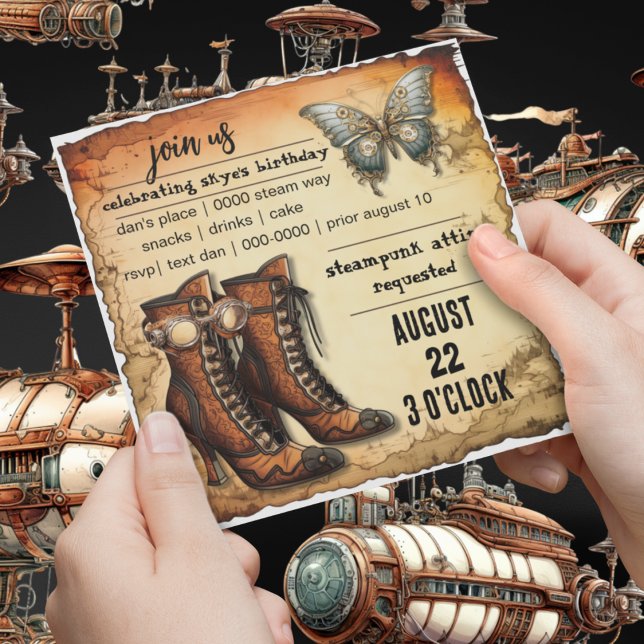 Invitation Bottes victoriennes | Papillon Steampunk | Anniver (Steampunk journey boots and steampunk butterfly on customizable party invitation for him or her. )