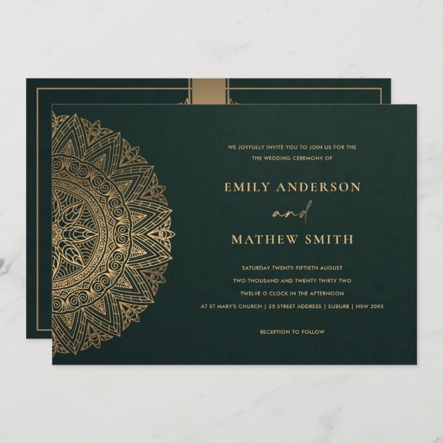 INVITATION BOTTLE VERT OR CLASSIQUE ORNATE MANDALA MARIAGE (Devant / Derrière)