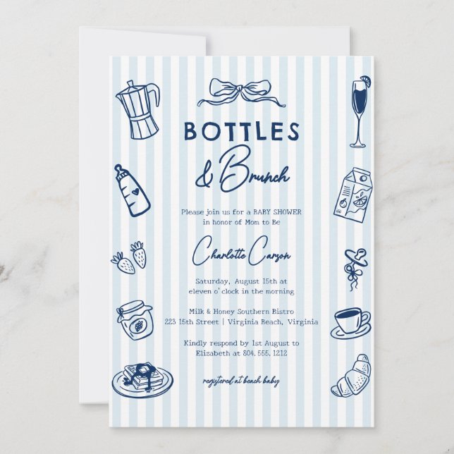 Invitation Bottles and Brunch Doodle Baby Shower Blue Striped (Devant)