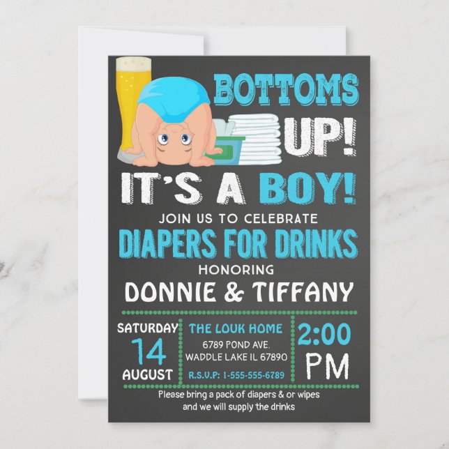 Invitation Bottoms Up Diapers for Drinks C'est un garçon (Devant)