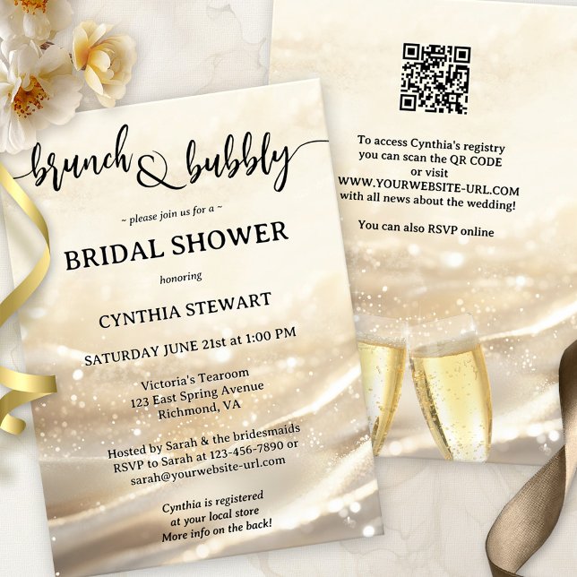Invitation Bouche d'or et Fête des mariées de bulles (Modern brunch and bubbly bridal shower invitation featuring a festive design with gold sparkles)