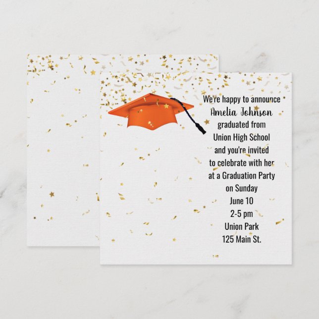 Invitation Bouchon de finition orange avec Confetti or (Devant / Derrière)