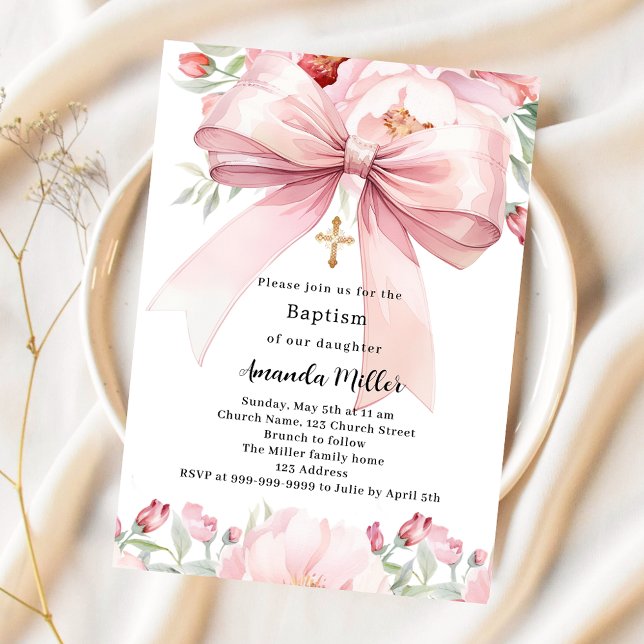 Invitation Boucles d'arc rose fille Baptême (Créateur téléchargé)