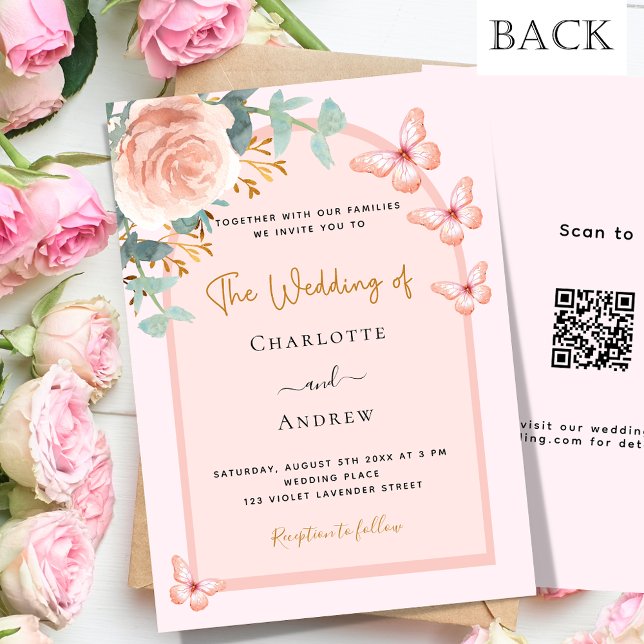 Invitation Boucles d'or rose arch QR code RSVP mariage de lux (Créateur téléchargé)